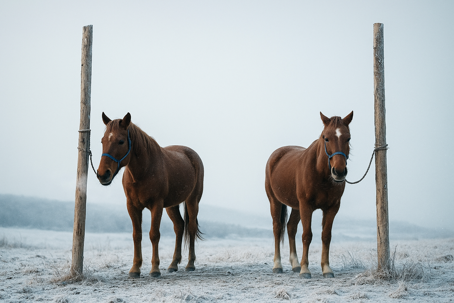 Two chestnut horses tethered to wooden posts in a snowy winter field, their breath visible in the cold air under an overcast sky.