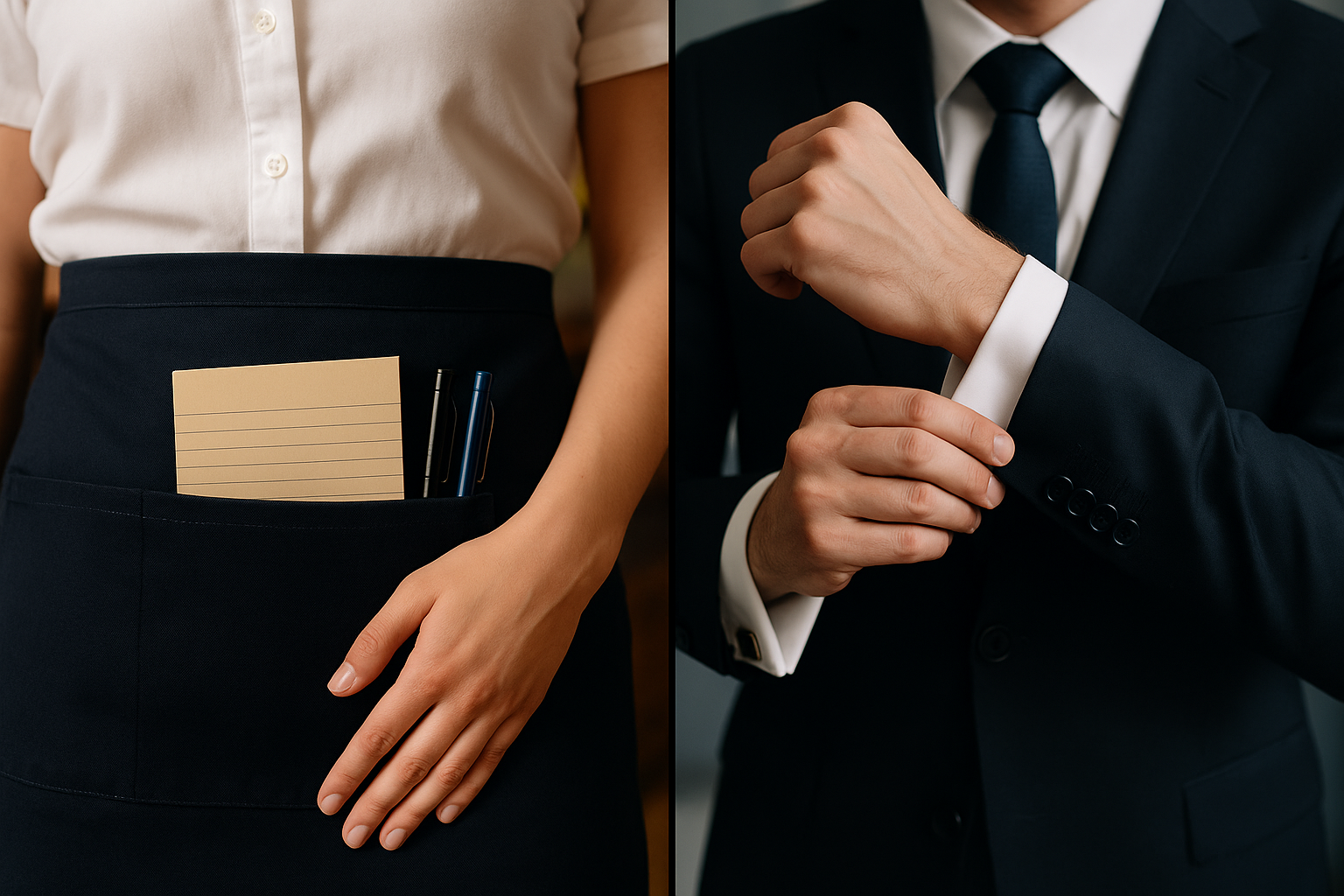 A split image: on the left, a waitress’s apron; on the right, a CEO adjusting his cufflink.