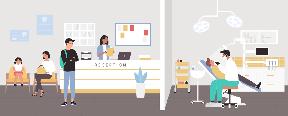 Reception area of a dental office cartoon on the left and a practicing dentist with patient cartoon on the right.