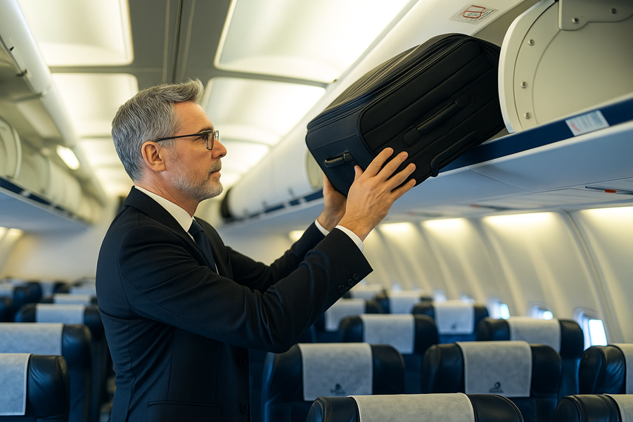 A man removes his carry-on bag from the airplane bin.