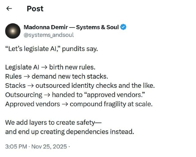 A flow chart showing AI legislation dependencies, posted on X on Nov 25, 2025 by Madonna Demir, 
