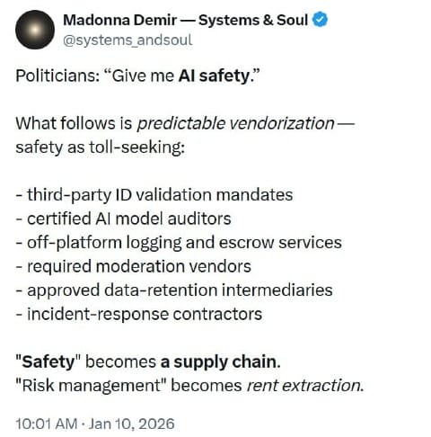 Visual of a January 10, 2026 post on X by Madonna Demir