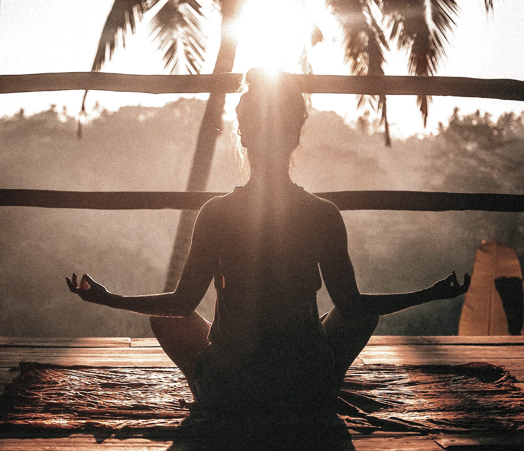 A silhouetted woman seated cross-legged in meditation at sunrise, sunlight streaming through palm trees behind her.