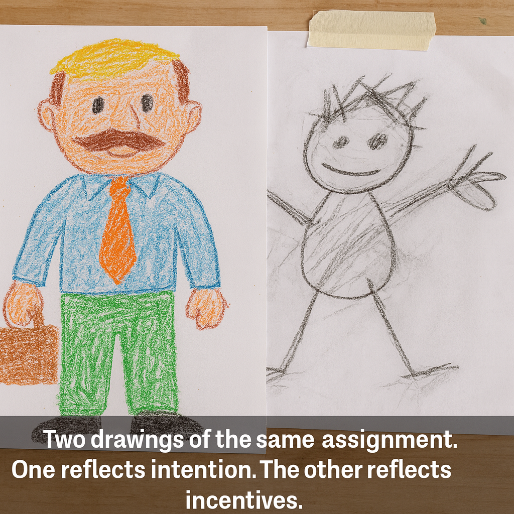 a detailed crayon drawing of a man with a briefcase on the left, and a scribbled stick figure man with gloved hands on the right.