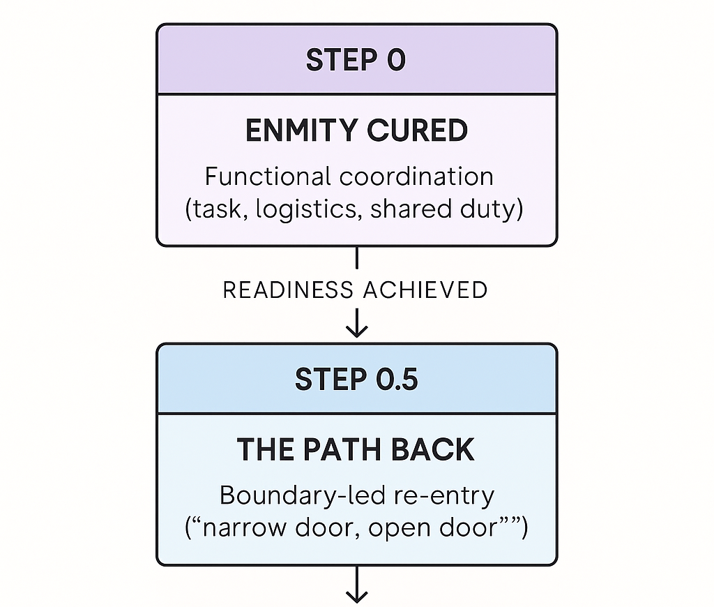 Two steps, flowchart style, demonstrating Demir's Step 0 tasks for family reconciliation. Enmity Cured as step 0 and The Path Back as step 0.5.
