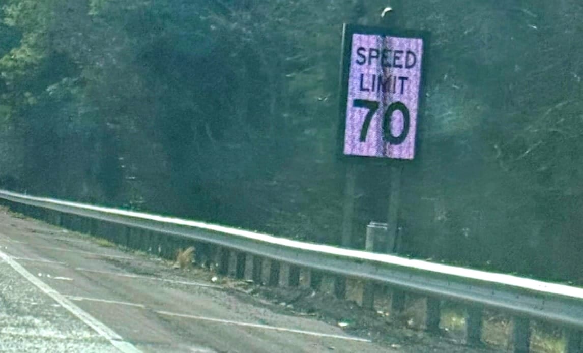 A real Tennessee variable speed limit LED sign, reading 70 miles per hour, taken on I-75.