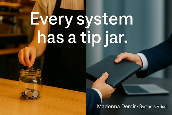 Every system has a tip jar. Tip jar with coins on left and corporate passing of a brief on the right.