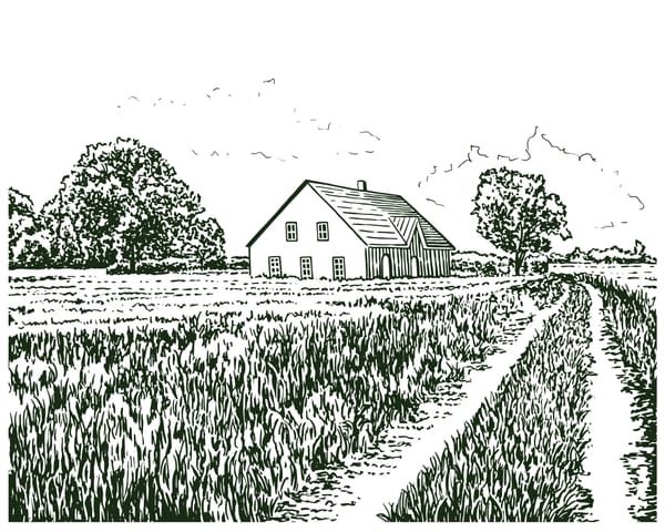 Illustration of a farmhouse with a narrow dirt path leading toward it, framed by fields and trees; evokes return, structure, and a way back in.