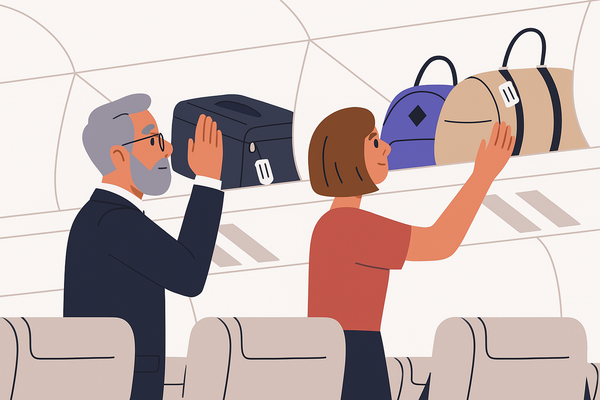 Two passengers deplane. The man on the left removes a carry-on bag and the woman on the right removes her duffle bag.