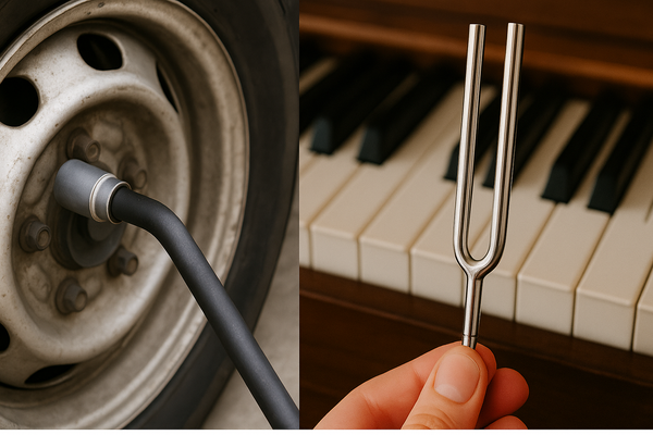 On the left, a tire iron loosens a lug nut on a car wheel; on the right, a hand holds a silver tuning fork in front of piano keys.