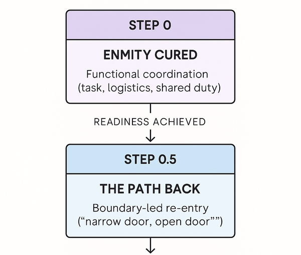 Two steps, flowchart style, demonstrating Demir's Step 0 tasks for family reconciliation. Enmity Cured as step 0 and The Path Back as step 0.5.