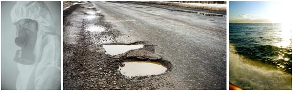 Three-panel montage: left, person in protective suit with respirator; center, road with two water-filled potholes; right, sunlit ocean waves with surface glare.